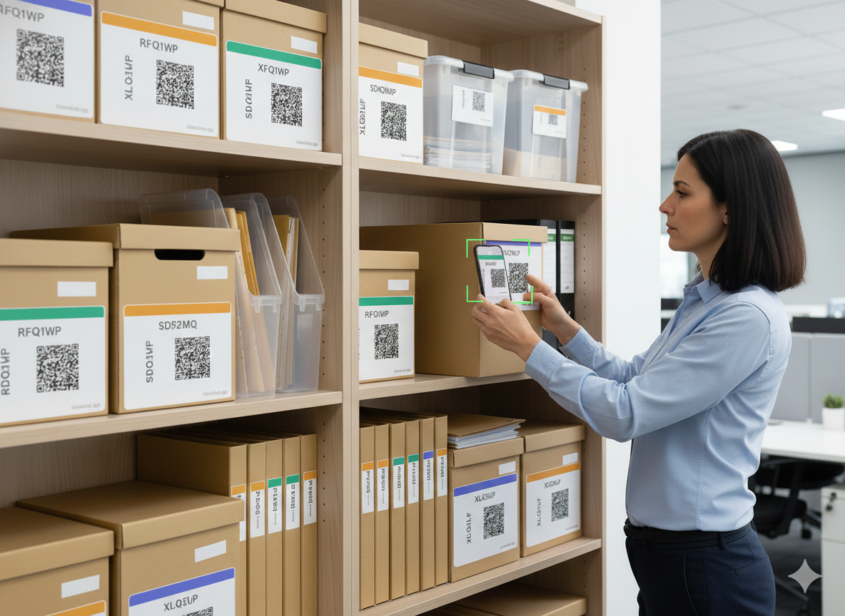 Impiegata che scansiona il QR code di un contenitore in un ufficio