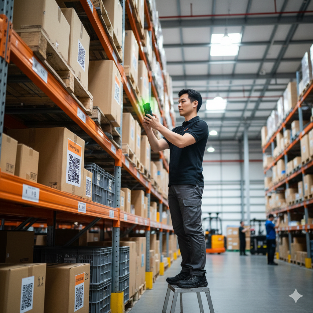 Operatore che scansiona un contenitore in un magazzino